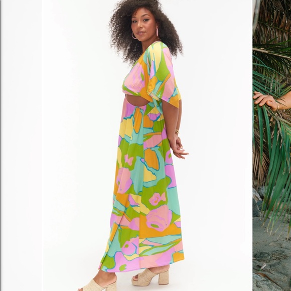 Show me your MuMu open front maxi dress M gorgeous print batwing sleeve unique - Picture 7 of 14